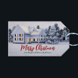 Custom Real Estate Company Winter House Christmas Gift Tags<br><div class="desc">This beautiful custom real estate holiday gift tag is perfect for a realty company located up north. Gorgeous white snow lines the trees and house on this winter photograph. A realtor can keep Merry Christmas in red and green script or customise with their own seasons greetings.</div>