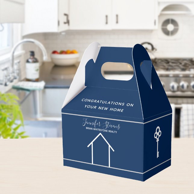 Custom Real Estate Modern Navy Blue Housewarming Favour Box (Creator Uploaded)