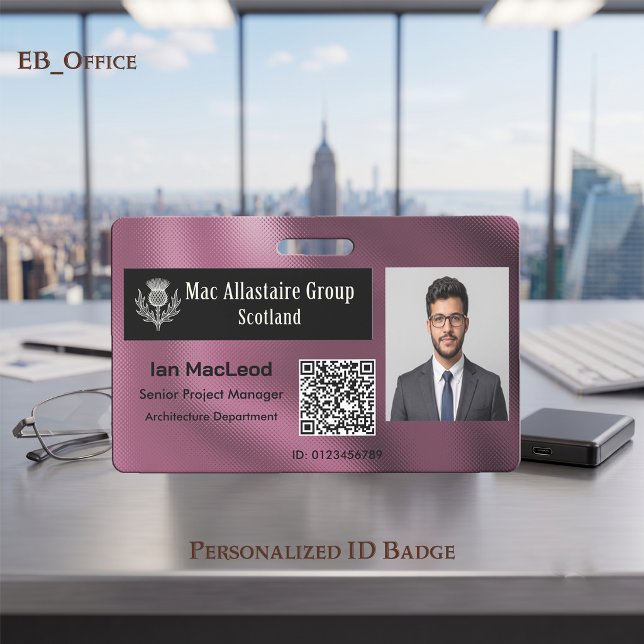 Custom Rectangle Logo Photo ID Metallic Burgundy Badge (Burgundy Wine Custom Wide Logo Placeholder Photo ID Badge Template. Size 2.13 x 3.38 Inches)