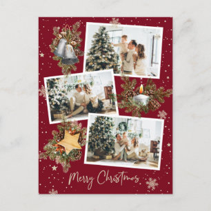Custom Red 3 Photo Collage Merry Christmas Postcard