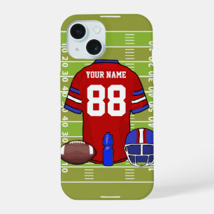 Custom Red and Blue Football Jersey on Field iPhone 15 Case