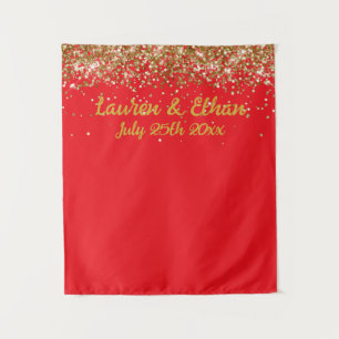Custom Red and Gold Glitter Wedding Photo Booth Tapestry