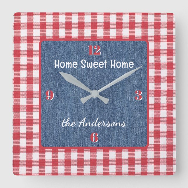 Custom, Red and White Check, Blue Denim Print Square Wall Clock (Front)