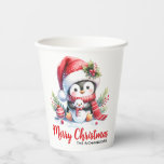 Custom Red and White Cute Penguin Merry Christmas Paper Cups<br><div class="desc">These modern white and red Christmas paper cups with a cute penguin,  a tiny snowman,  and festive greenery features a Merry Christmas saying and a template for your Family name to personalise them for the Xmas party.</div>