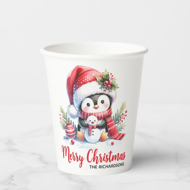 Custom Red and White Cute Penguin Merry Christmas Paper Cups (Front)