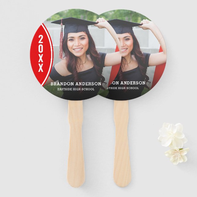 Custom Red and White Graduation Photo Hand Fan (Front and Back)