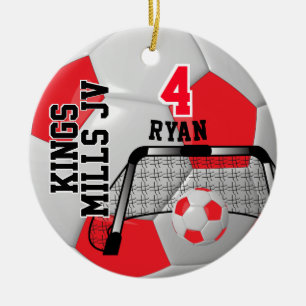 Custom Red and White Personalise Soccer Ball Ceramic Tree Decoration