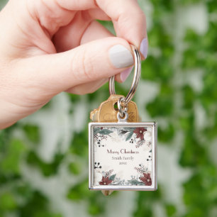 Custom Red And White Watercolour floral Christmas Key Ring