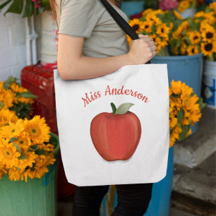 Custom Red Apple Minimalist Personalised Teacher Tote Bag