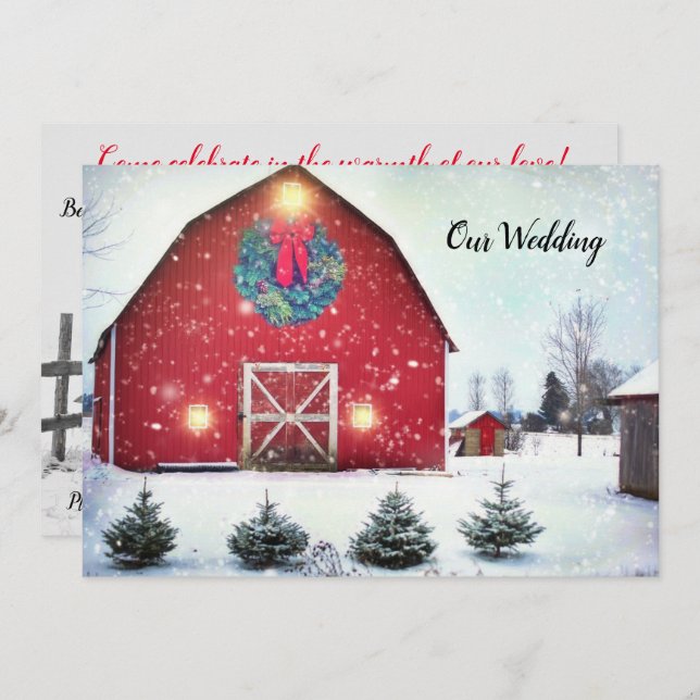 Custom Red Barn Winter Wedding Invitation (Front/Back)