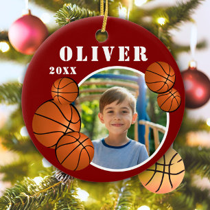 Custom Red Basketball Ball Sports Photo Ceramic Tree Decoration