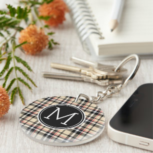 Custom Red Beige Black White Squares Plaid Pattern Key Ring