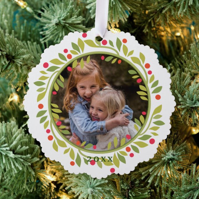 Custom Red Berries Green Leaves Wreath Tree Decoration Card (Insitu (Tree))