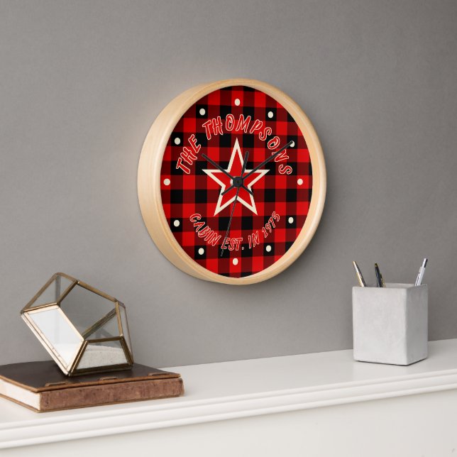 Custom Red Black Buffalo Check Plaid Pattern Clock (Office)