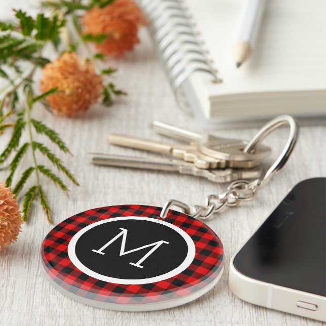 Custom Red Black Buffalo Check Plaid Pattern Key Ring (Front Right)