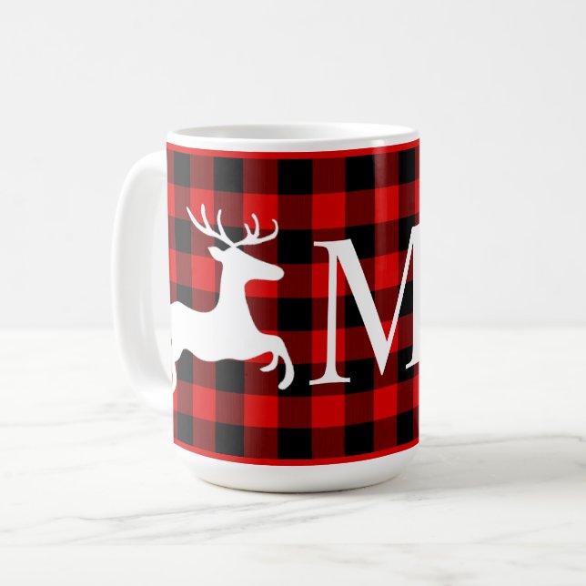 Custom Red Black Buffalo Lumberjack Check Plaid Coffee Mug (Front Left)