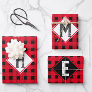 Custom red & black buffalo plaid Monogram initial Wrapping Paper Sheet
