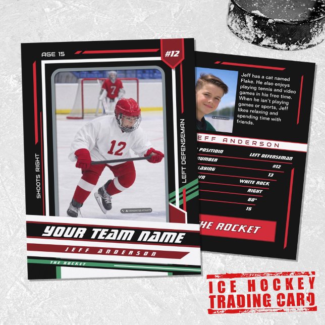 Custom Red & Black Ice Hockey Player Card (Ice Hockey Player Trading Card in White with Custom Team Name and Green and Black Elements)