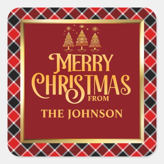CUSTOM Red Black Plaid Gold Merry Christmas  Square Sticker (Front)