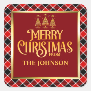 CUSTOM Red Black Plaid Gold Merry Christmas Square Sticker
