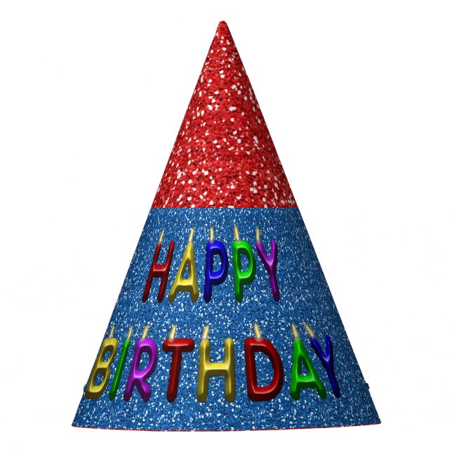 Custom Red & Blue Glitter Birthday Party Hat (Front)