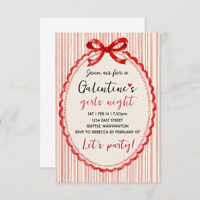 Custom Red Bow Galentines Party Invitation (Front/Back)
