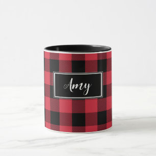 Custom Red Buffalo Check Plaid Name Centred Mug