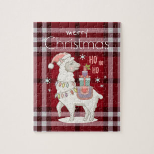 Custom Red Buffalo Check Plaid Tartan Llama Alpaca Jigsaw Puzzle