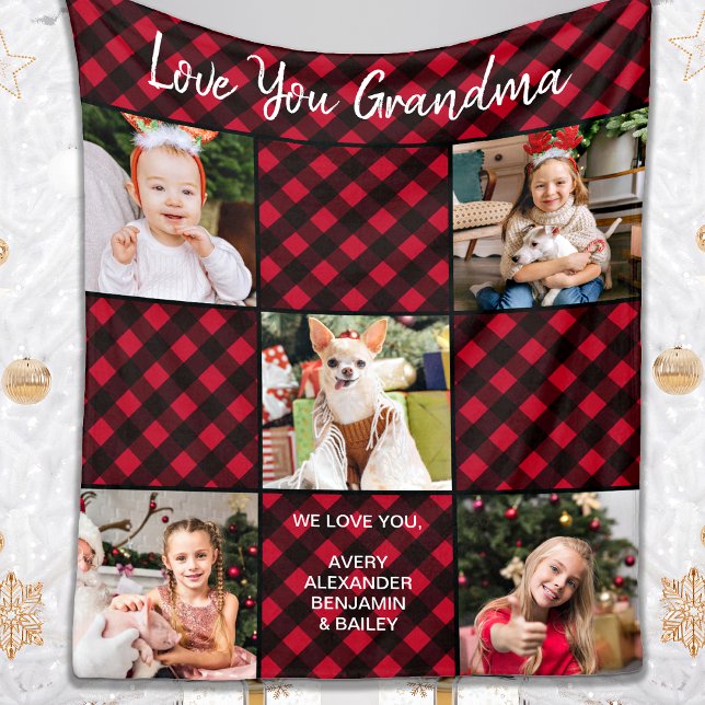 Custom Red Buffalo Plaid Family Holiday 5 Photo Fleece Blanket (Creator Uploaded)