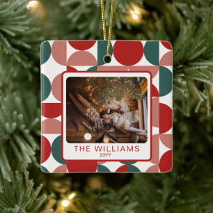 Custom Red Christmas Geometric Pattern 2 Photos Ceramic Ornament
