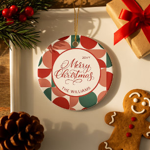 Custom Red Christmas Geometric Pattern Photo Ceramic Tree Decoration
