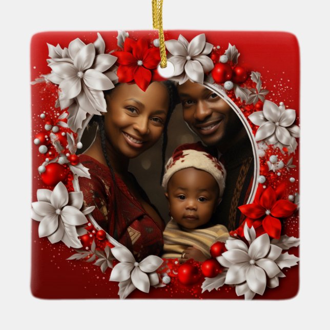 Custom Red Christmas Photo  Ceramic Ornament (Front)