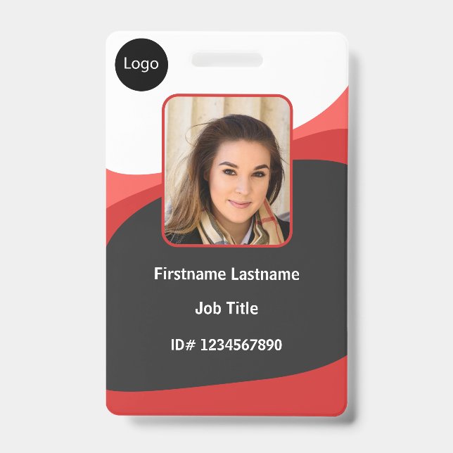 custom Red company employee Photo, Logo, Bar Code ID Badge (Front)