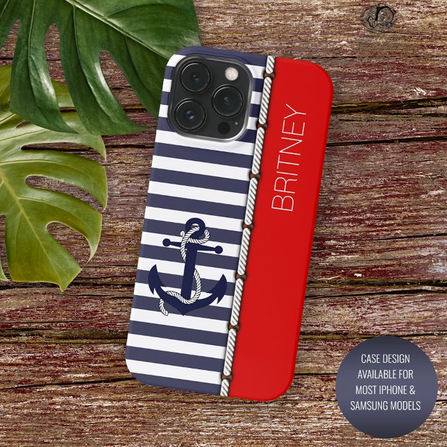 Custom Red Dark Blue White Anchor Striped Pattern Case-Mate iPhone Case (Creator Uploaded)