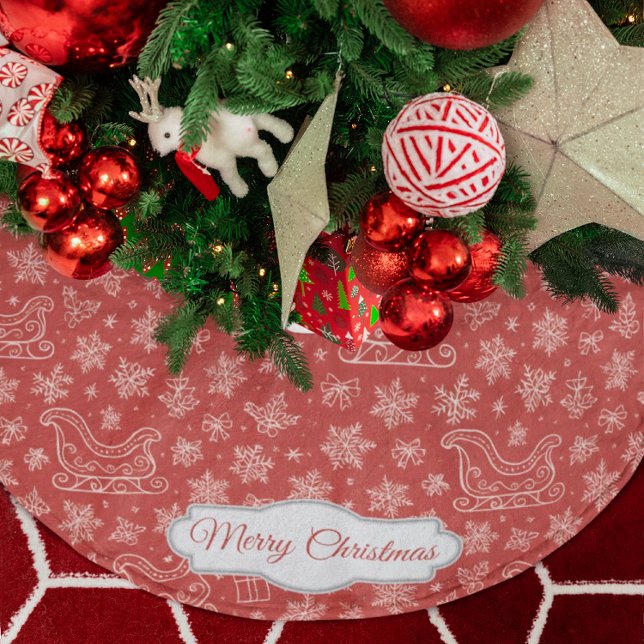 Custom Red Doodle Christmas Sleigh Pattern Brushed Polyester Tree Skirt (Creator Uploaded)