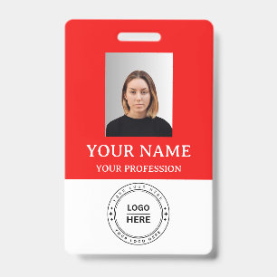 Custom red Employee Badge with Photo, Logo, QR ID Badge