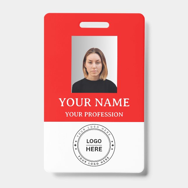 Custom red Employee Badge with Photo, Logo, QR ID Badge (Front)