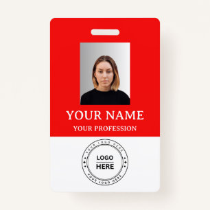 Custom red Employee Badge with Photo, Logo, QR ID Badge