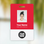 Custom Red Employee Photo, Bar Code, Logo, Name ID Badge<br><div class="desc">Easily personalise this Custom Red Employee Name Badge with Photo, Scan Bar Code and business logo. A simple business design in navy blue and white colours fully customisable in front and back sizes, sans-serif basic and modern fonts and a professional and clear look. Avaiable with lanyard, metal clip or with...</div>