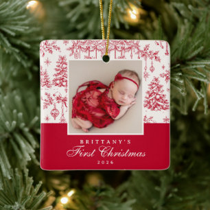 Custom Red Festive Photo Christmas Ceramic Ornament