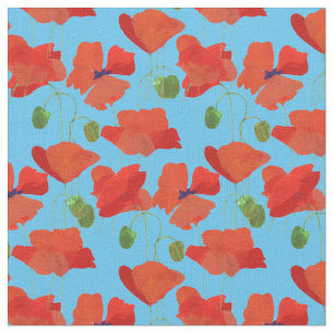 Custom Red Field Poppies Sky Blue Floral Fabric