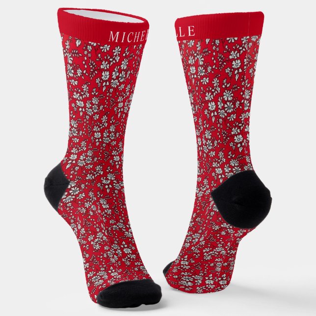 Custom Red Floral White Christmas Flowers  Socks (Angled)