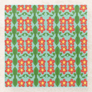 Custom Red Folk Art Flower & Leaf Pattern Glass Coaster
