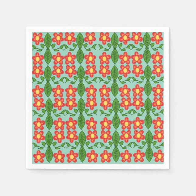 Custom Red Folk Art Flower & Leaf Pattern Napkin (Front)