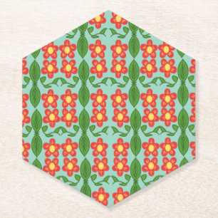Custom Red Folk Art Flower & Leaf Pattern Paper Coaster