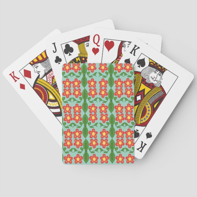 Custom Red Folk Art Flower & Leaf Pattern Playing Cards (Back)