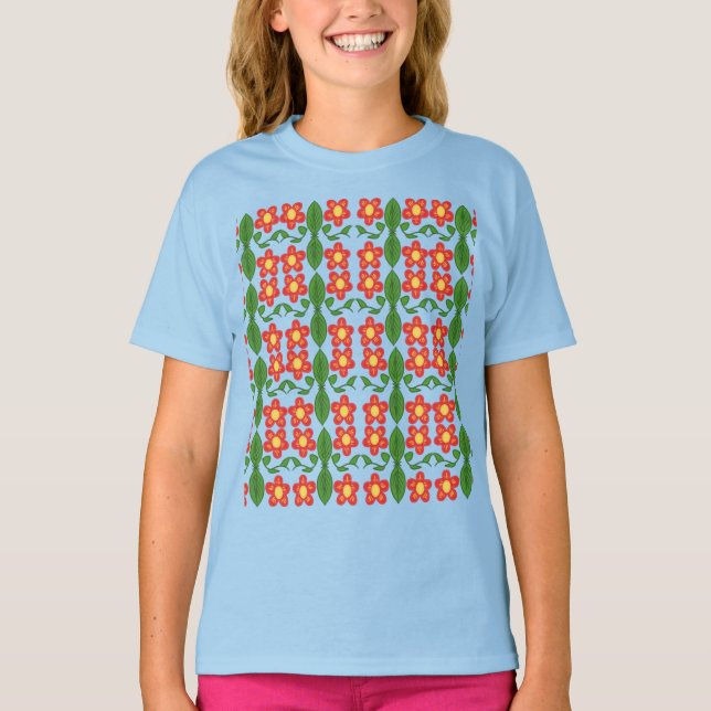 Custom Red Folk Art Flower & Leaf Pattern T-Shirt (Front)