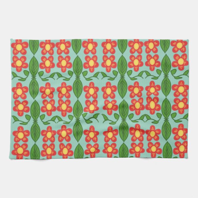 Custom Red Folk Art Flower & Leaf Pattern Tea Towel (Horizontal)