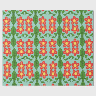 Custom Red Folk Art Flower & Leaf Pattern Wrapping Paper