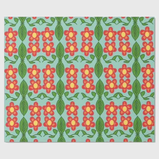 Custom Red Folk Art Flower & Leaf Pattern Wrapping Paper (Flat)